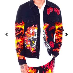NWT!!! Mens stylish denim jacket w/ fashion flame accents ; Sz 2X